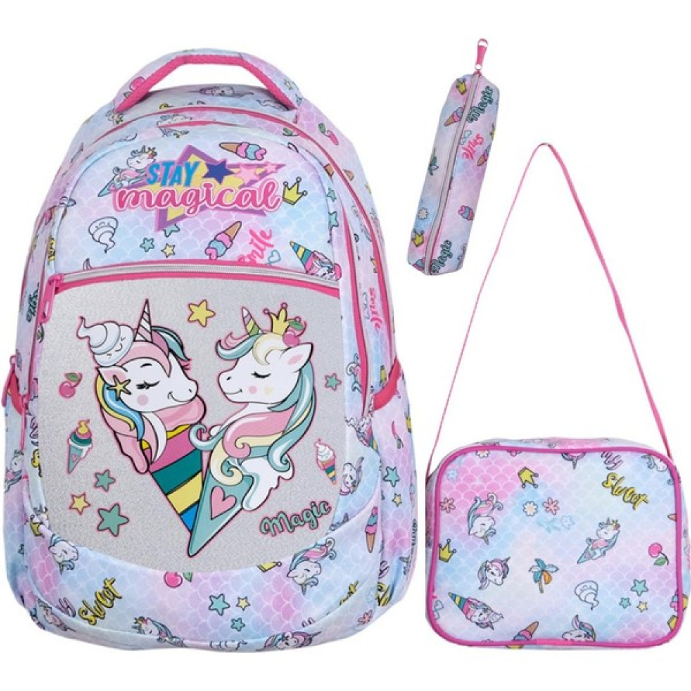 7K 3'lü Okul Seti Mavi Unicorn Desenli Ilkokul Çantası Beslenme Çantası Kalemlik Okul Çantası Fiyatı