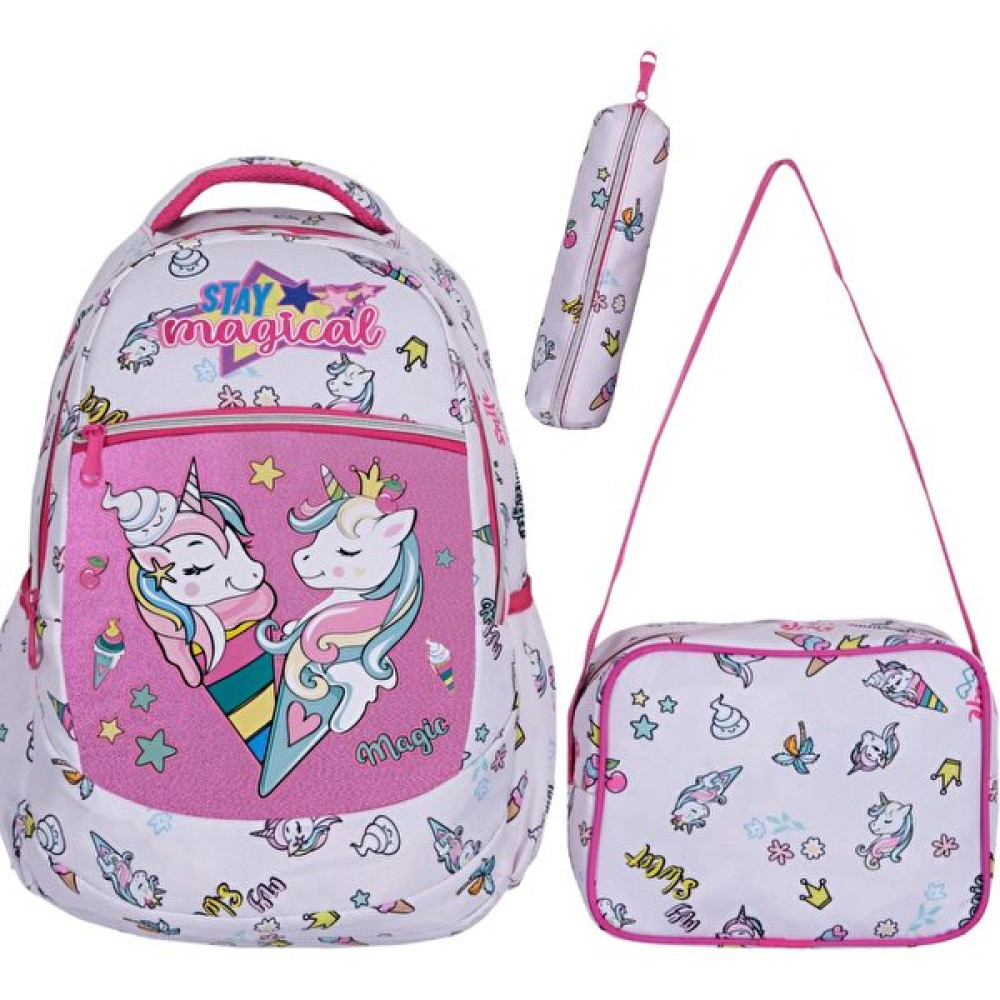 7K 3'lü Okul Seti Toz Pembe Unicorn Desenli Ilkokul Çantası Beslenme Çantası Kalemlik Okul Çantası Fiyatı