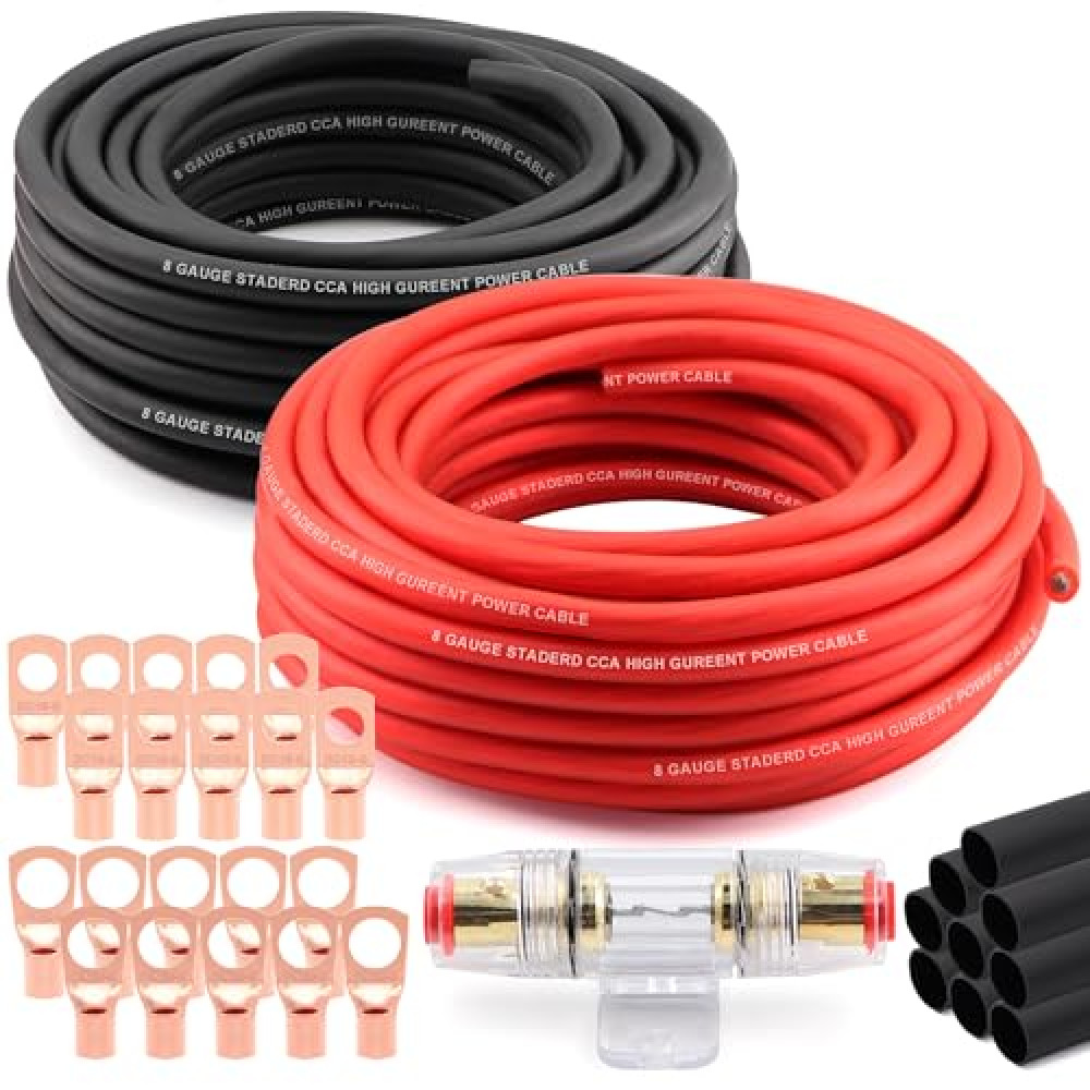 8 Gauge Wire (25ft Each - Red/Black) Copper Clad Aluminum CCA - Primary Automotive Wire,Car Amplifier Power & Ground Cable, 20PCS Lugs Terminal Connectors,60A ANL Fuse Block and Heat Shrink Tubing