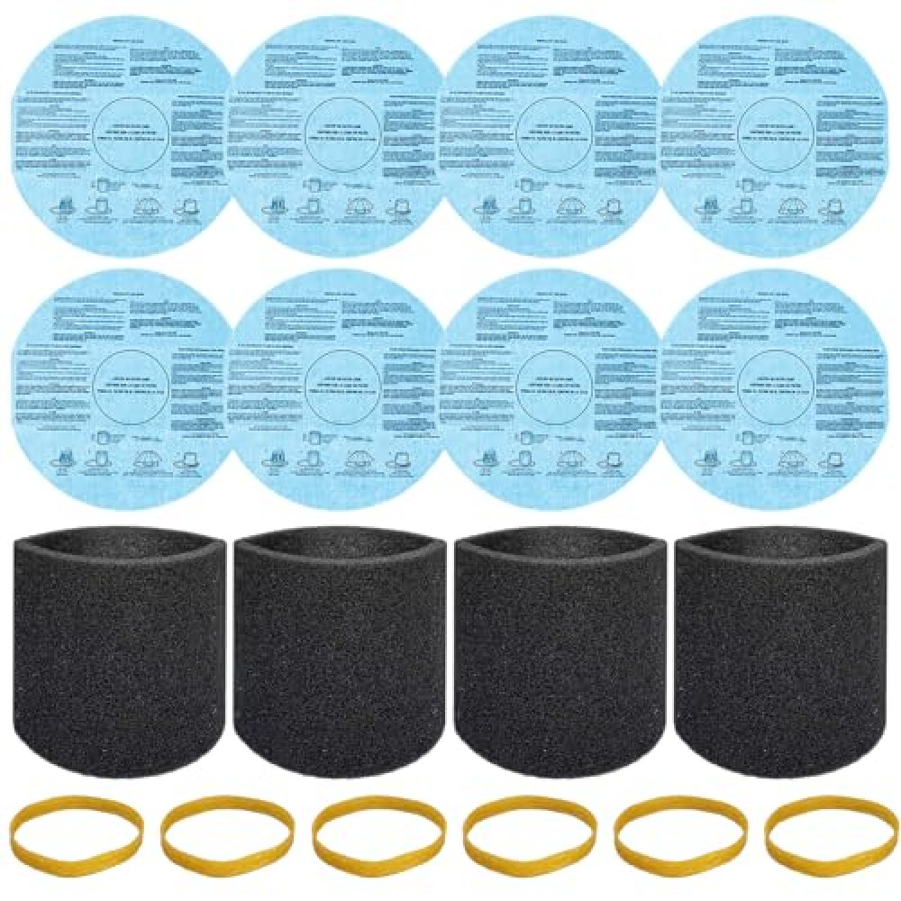 8 Pack 90107/90137 Reusable Dry Filters and 4 Pcs 90585 Foam Sleeve Filter Kit Replacement for Shop Vac 5 Gallon and Above Wet/Dry Vacuum, Part# 9010700, 9013700, 9058500, with 6 Retaining Bands