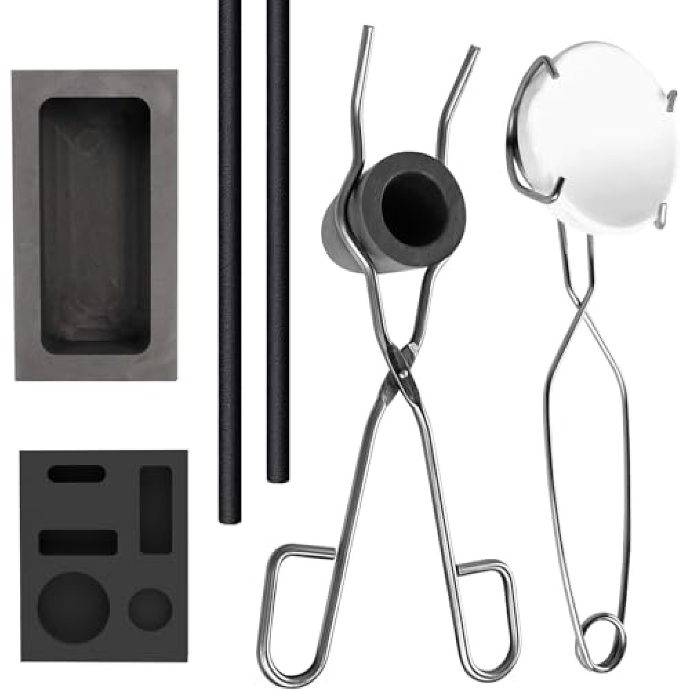 8 pcs Torch Melting and Casting Kit, Including 2 Graphite Crucible Stir Sticks, Graphite Casting Mould 5-in-1, Graphite Ingot Mould, Quartz Crucible, Whip Tongs, Cylindrical Graphite for Metal Casting