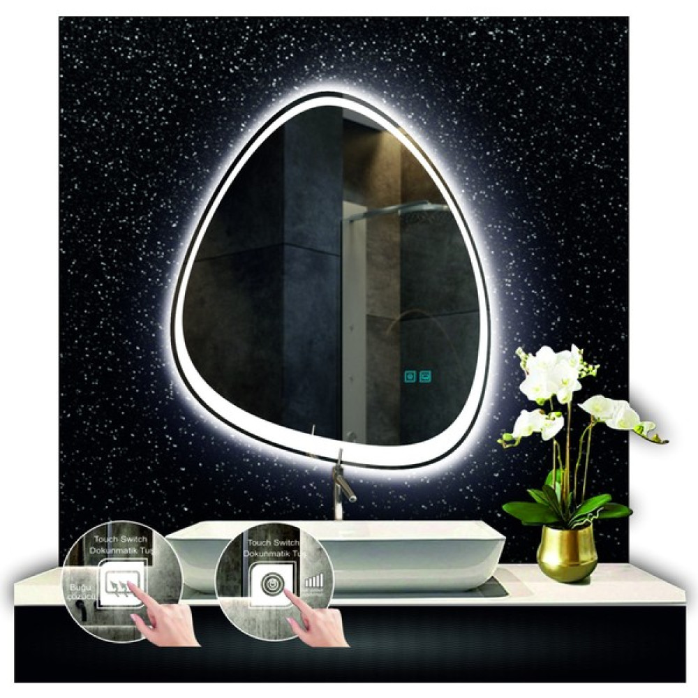 80 cm Çapında Buğu Çözücülü Dokunmatik Ledli Asimetrik Banyo Aynası Dekoratif LED Işıklı Dikey Ayna Banyo Aynası Fiyatı
