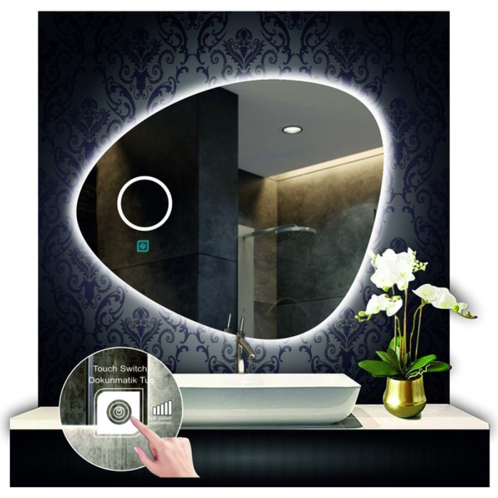 80 cm Çapında Buğu Çözücülü Dokunmatik Ledli Kumlamalı Asimetrik Banyo Aynası Dekoratif Ledli Işıklı Banyo Aynası Fiyatı