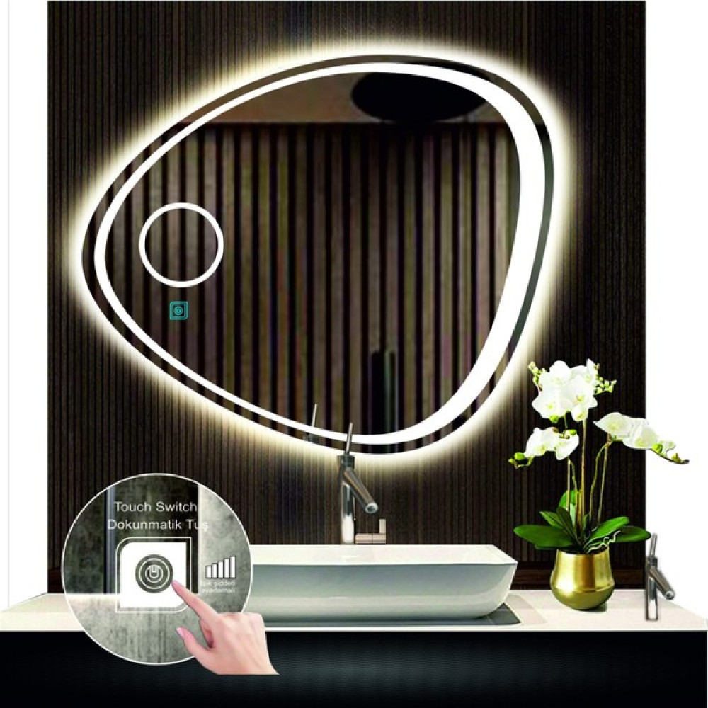 80 cm Çapında Dokunmatik Ledli Makyaj Aynalı Asimetrik Banyo Aynası Dekoratif LED Işıklı Yatay Ayna Banyo Aynası Fiyatı