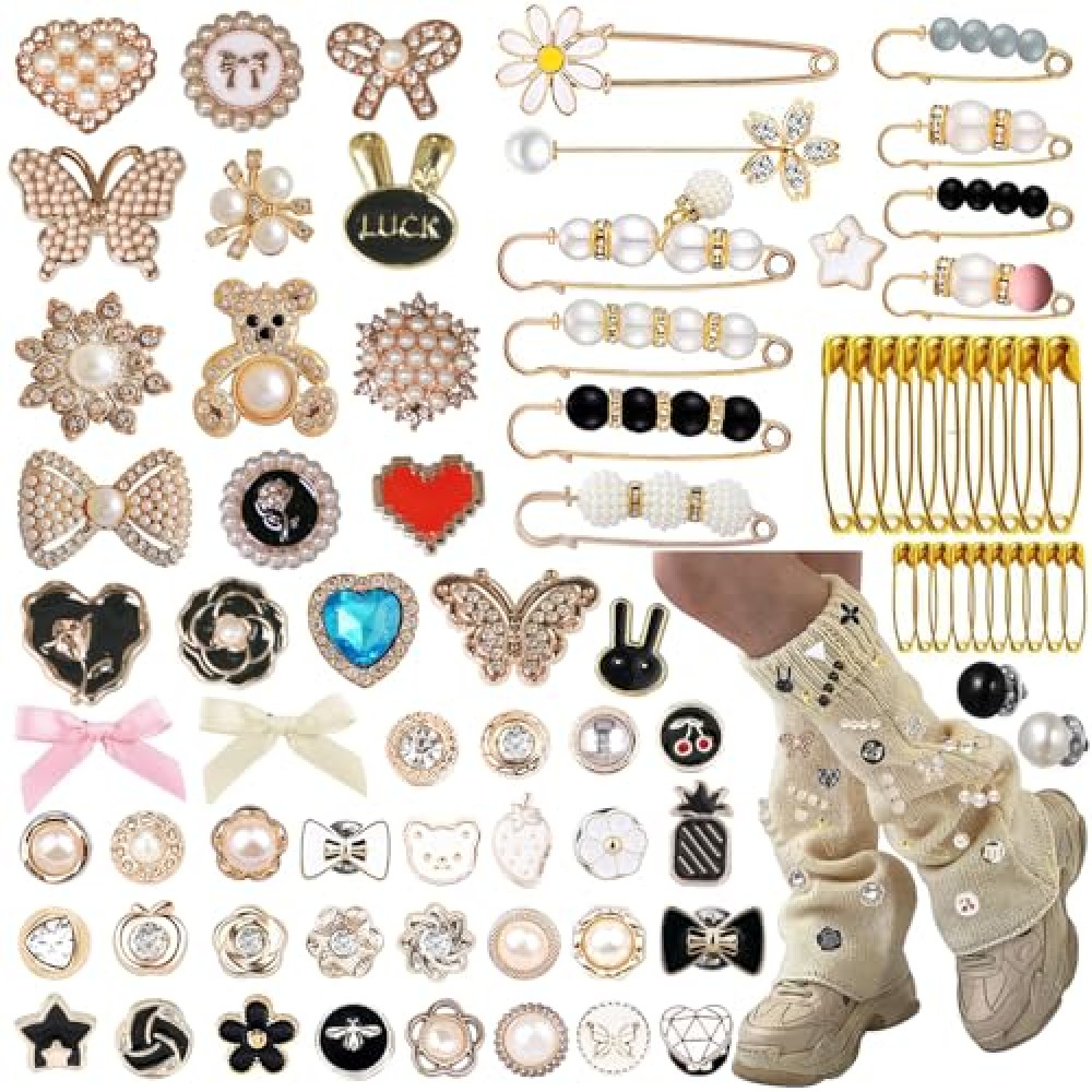 80 Pcs Charms For Socks, Junk Sock Charms Pins, Sneaker Charms Sock Jewelry Charms Pins Kit, Pearl Rhinestone Brooches And Pins For Women, Gold Bling Safety Pins Button For Shoe Sock Hat Clothes Decor