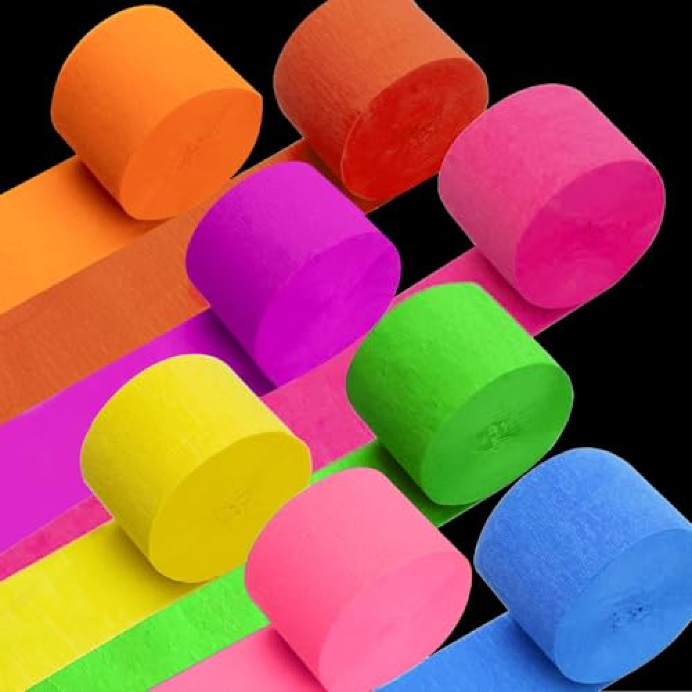 800 feet 8 Rolls Glow Crepe Paper Streamers Glow in The Dark Light UV Reactive Fluorescent Glow Party Neon Streamer for Wedding Birthday Blacklight Party Supplies Decorations