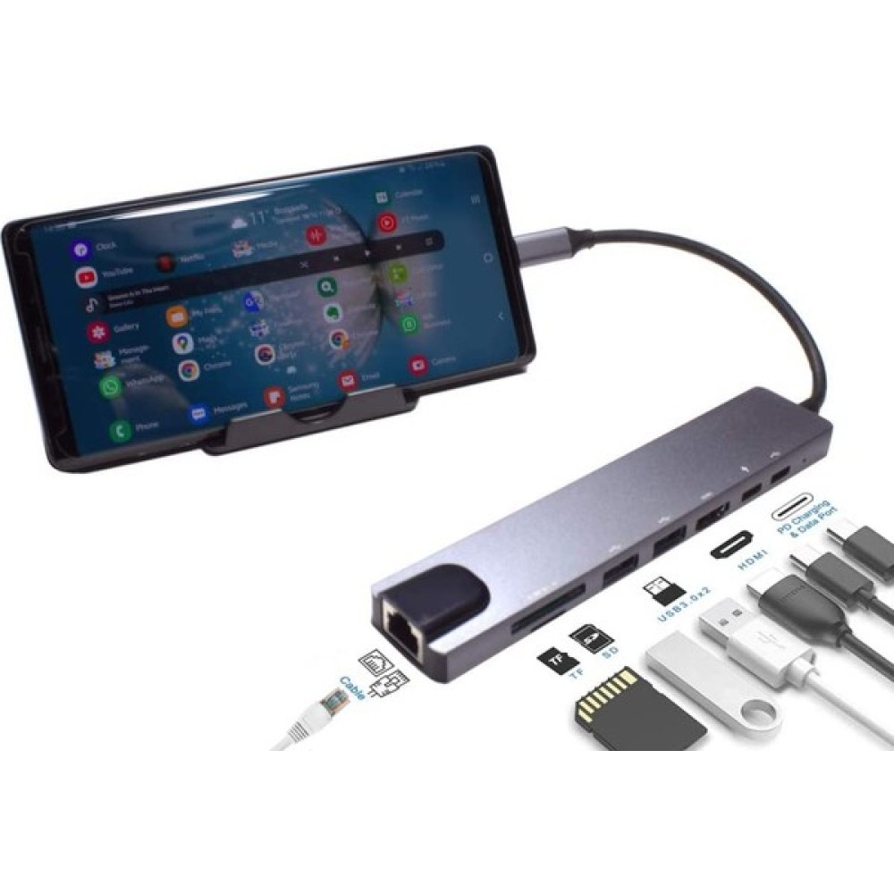8in1 Type-C USB 3.0 Hub HDMI Ethernet Mikro Sdtf Otg Adaptörü - Açık Gri Bilgisayar Çevirici ve Adaptörü Fiyatı