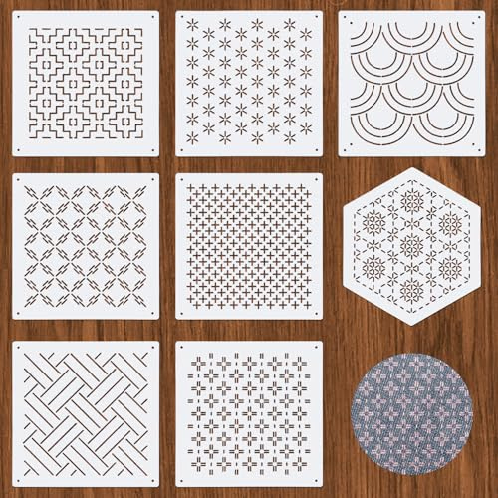 8pcs Plastic Sashiko Stencil, 8 Styles Geometric Embroidery Stabilizers White Sashiko Drawing Line Hand Embroidery Patterns Drawing Line Template Kit for Hand Quilting Sewing