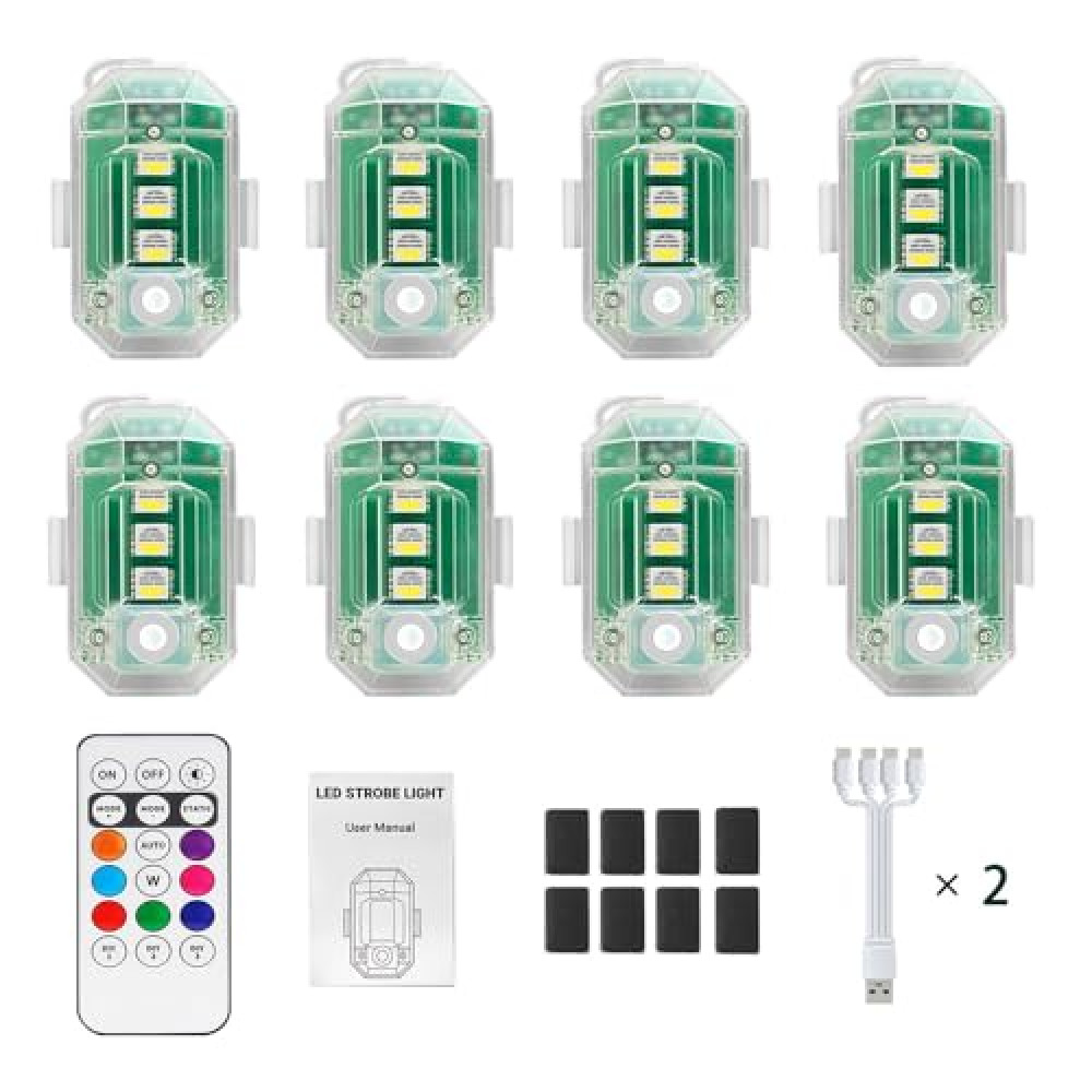 8Pcs Wireless LED Strobe Lights with Remote Control, RGB Aircraft Strobe Lights High Brightness 8 Colors Waterproof Anti-Collision Night Warning Lighting for Car Motorcycle RC Aircraft Bike