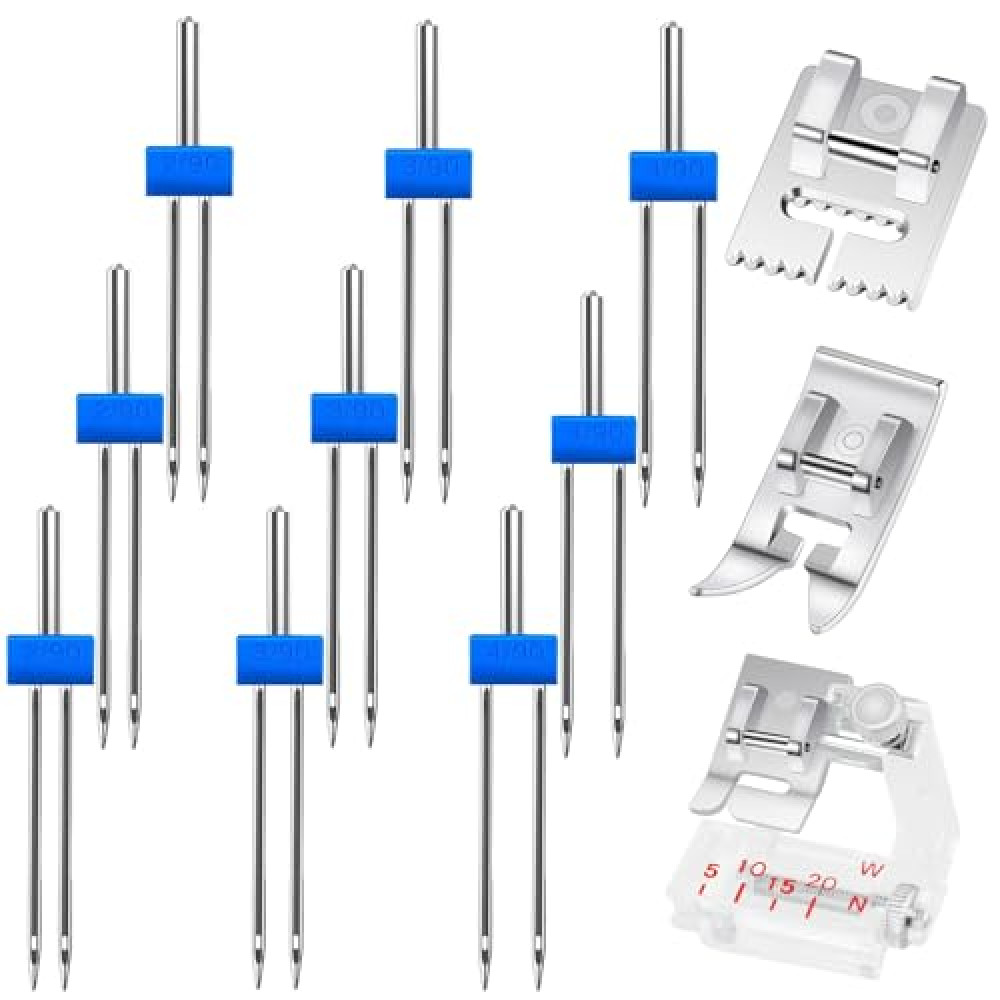 9 Pack Twin Needles for Sewing Machine, Double Twin Needles with 3 Pieces Different Presser Foot for Household Sewing Machine, 3 Size 2/90 3/90 4/90 with Plastic Box