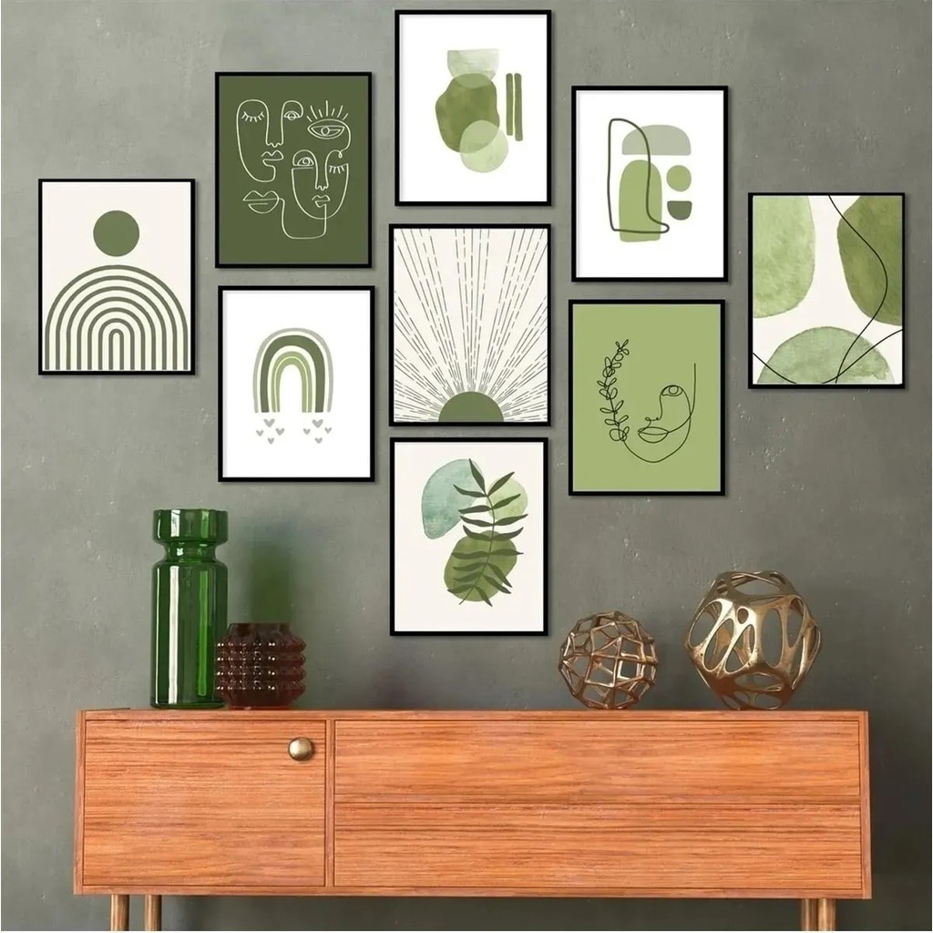 9 Parça Çerçeve Görünümlü Yeşil Desenler Duvar Dekoru Salon Yatak Odası Mutfak Için Tablo Seti - 15 x 20 - Yeşil - Beyaz Kanvas Tablo Fiyatı