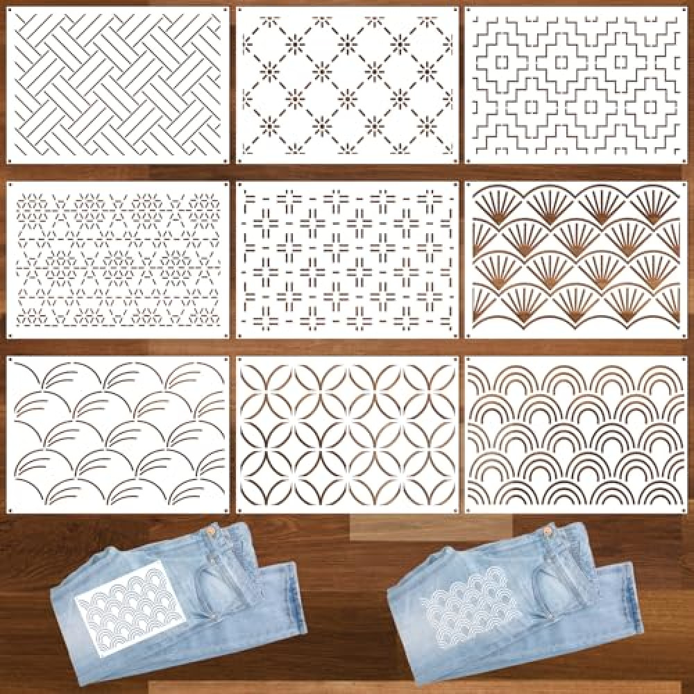 9 Pcs 8.3 x 5.9 Inch Sashiko Stencil Plastic Sashiko Patterns Template Sashiko Quilting Templates Embroidery Pattern for Sewing Hand Quilting