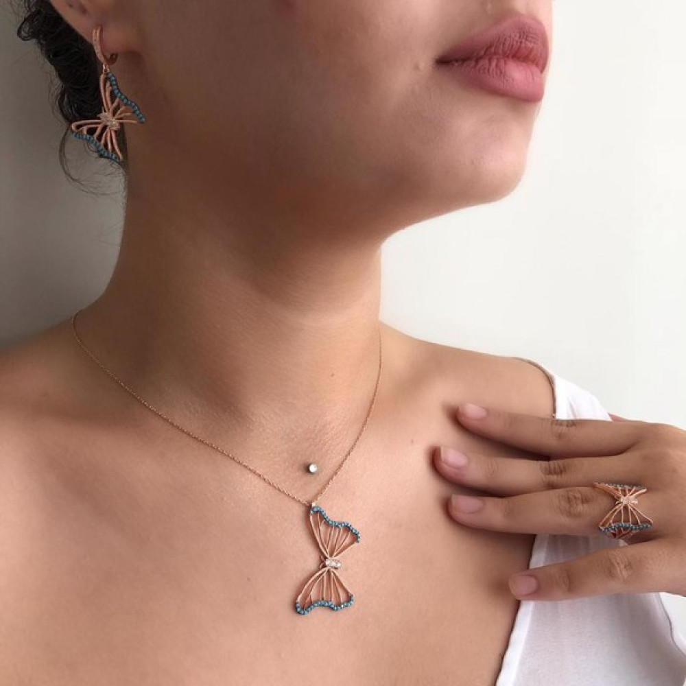 925 Gümüş Rose Kaplama Turkuaz Taşlı Kelebek Set Gümüş Kolye Fiyatı