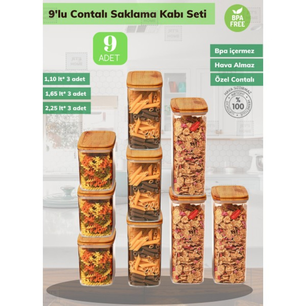9’lu Bambu Contalı Saklama Kabı Seti Erzak Kabı 3*1,10 Lt / 3*1,65 Lt / 3*2,25 Lt - 9 Adet Saklama Kapları Fiyatı