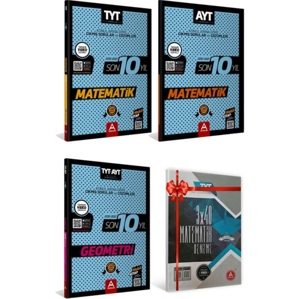 A Yayınları TYT Matematik + AYT Matematik + TYT - AYT Geometri Son 10 Yıl Soru ve Çözümleri + 3X40 Çıkmış Soru Matematik Denemesi (Ciltli) Temel Yeterlilik Testi (TYT) Fiyatı