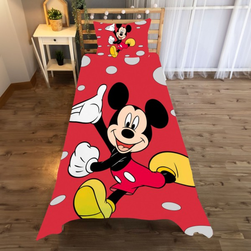 A2ZTR Kırmızı Mickey Mouse Desenli Tek Kişilik Yatak Örtüsü ve Yastık Kılıfı - Renkli - 140 x 220 cm Yatak Örtüsü Fiyatı