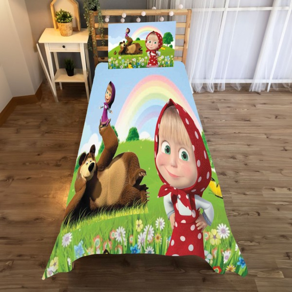 A2ZTR Maşa ve Ayı Desenli Tek Kişilik Yatak Örtüsü ve Yastık Kılıfı - Renkli - 140 x 220 cm Yatak Örtüsü Fiyatı