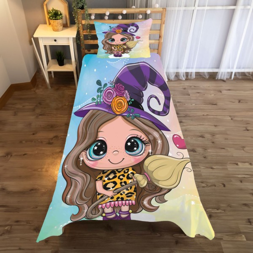 A2ZTR Mor Elbiseli Karikatür Cadı Desenli Tek Kişilik Yatak Örtüsü ve Yastık Kılıfı - Renkli - 140 x 220 cm Yatak Örtüsü Fiyatı