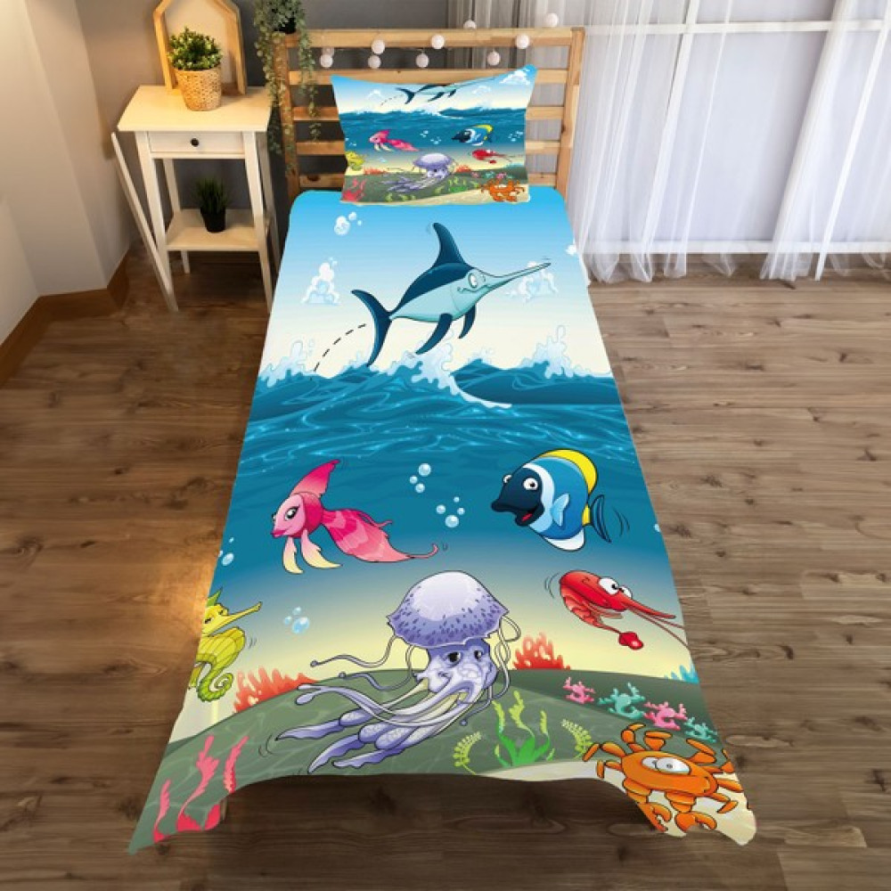 A2ZTR Okyanus Dünyası Desenli Tek Kişilik Yatak Örtüsü ve Yastık Kılıfı - Renkli - 140 x 220 cm Yatak Örtüsü Fiyatı