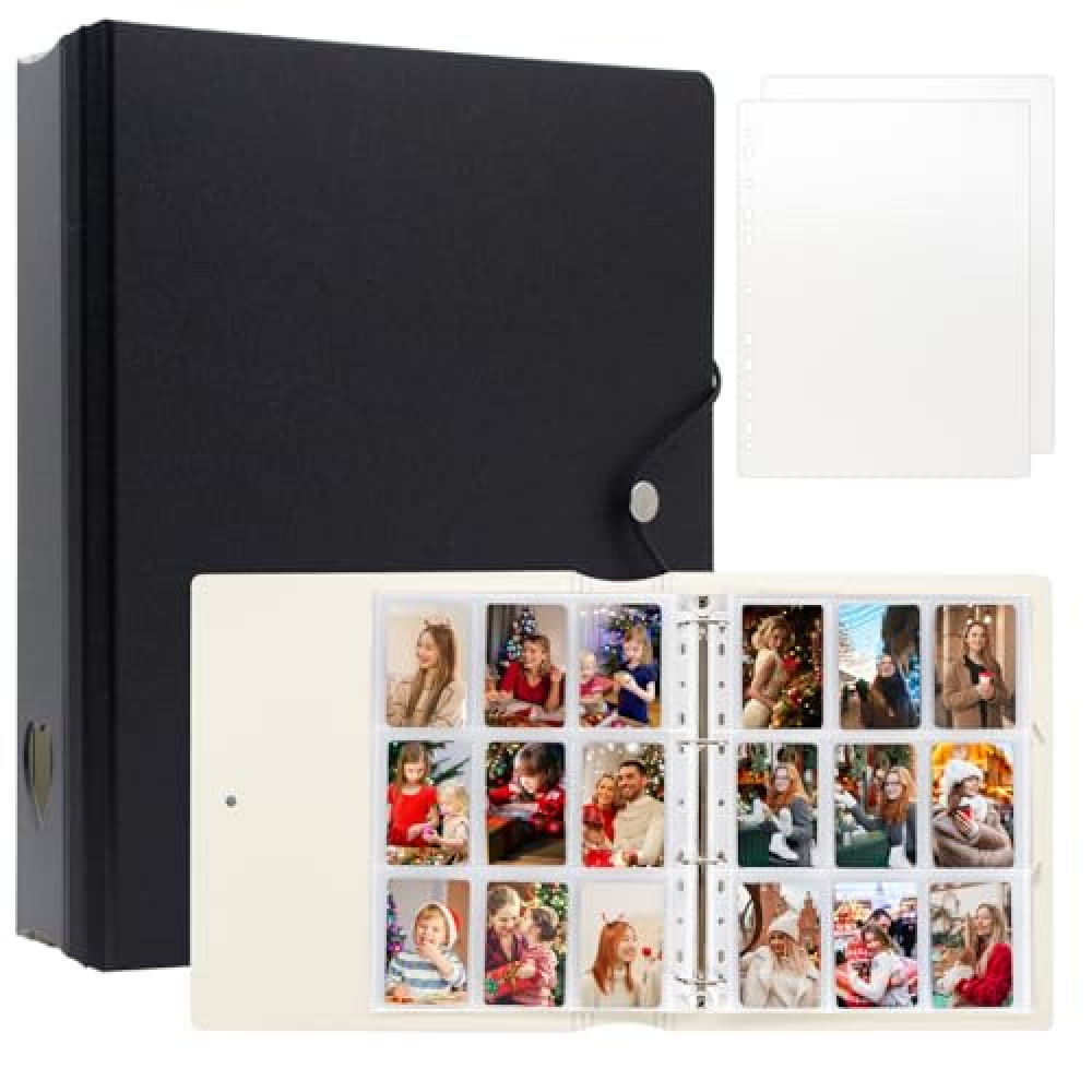 A4 Kpop Photocard Binder, 4 Ring Binder Photo Album for Fujifilm Instax Mini Camera Polaroid Printer Photo Film, 2x3 inch Kpop Photocard Holder Book with 25 Pages 9 Pocket (Black)