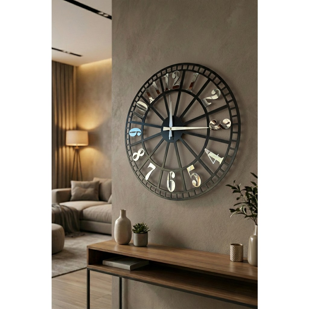 AA Shop 50 cm Yuvarlak Ahşap Duvar Saati Siyah Renk Gri Sayılı Sessiz Mekanizma ile Estetik - 50 x 50 cm - Siyah - Gri Duvar Saati Fiyatı