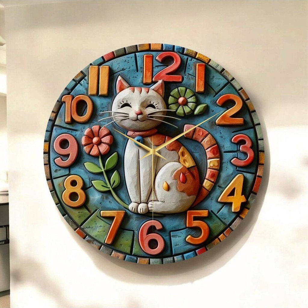 AA Shop Kedi Çiçek Renkli Baskı Desenli Sayılı Hediyelik Ahşap Sessiz Tablo Duvar Saati Duvar Saati Fiyatı