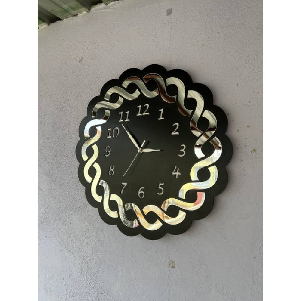 AA Shop Siyah Renk Hediyelik Ahşap Aynalı Dekoratif Farklı Desenli Duvar Saati 50CM - Siyah - Gümüş Dekoratif Saat Fiyatı