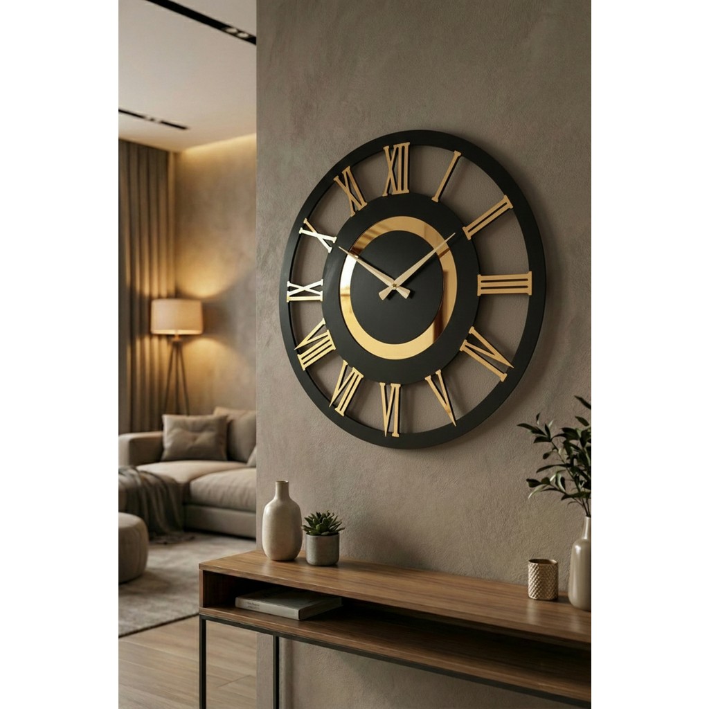 AA Shop Siyah Renk Pleksi Aynalı Sayılı Hediyelik Ahşap Dekoratif Farklı Desenli Ev Hediyelik Duvar Saati 50CM - Siyah - Gold Duvar Saati Fiyatı