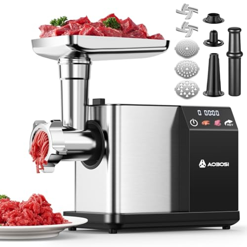 AAOBOSI Meat Grinder Electric [3000W Max] w/LED Display, 3 Speed Meat Grinder Heavy Duty with Non-Clogging Tech, Built-in Storage, Grinding, Sausage Stuffer & Kibbe Making for Home Use