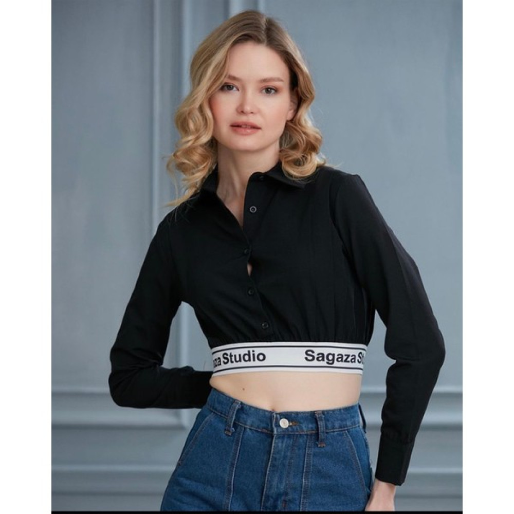 AB Looks Kadın Sagaza Şerit Yazılı Beli Korseli Lastikli Poplin Uzun Kollu Crop Gömlek Bluz Kadın Gömlek Fiyatı