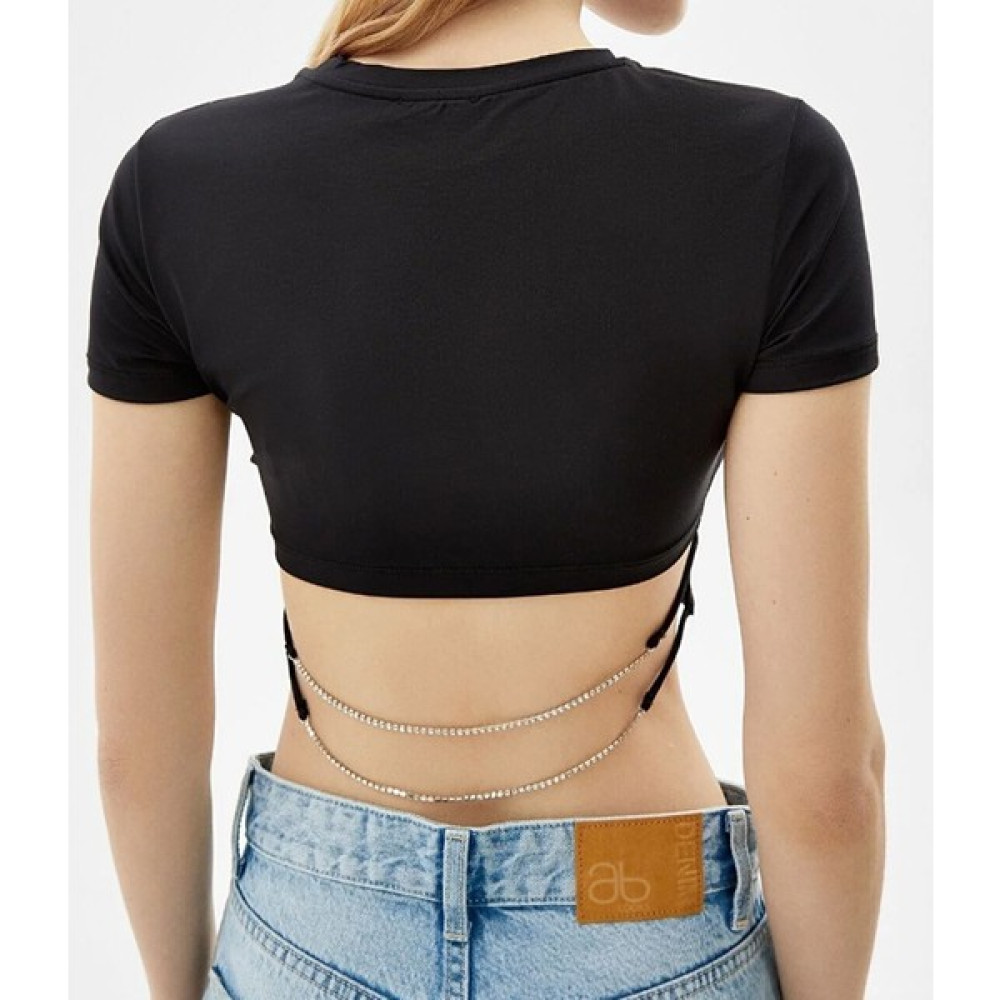 AB Looks Kadın Siyah Sırt Dekolteli Beli Taşlı Asimetrik Kesim Kısa Kollu Crop Bluz Bluz Fiyatı