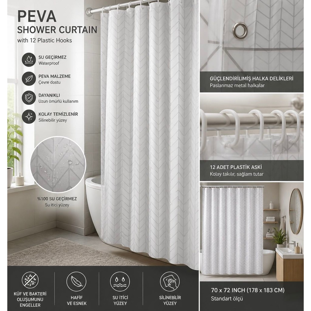 A&B Peva Duş Perdesi | Su Geçirmez Banyo Perdesi | 12 Askılı - Açık Gri - 180*180 Perde Fiyatı