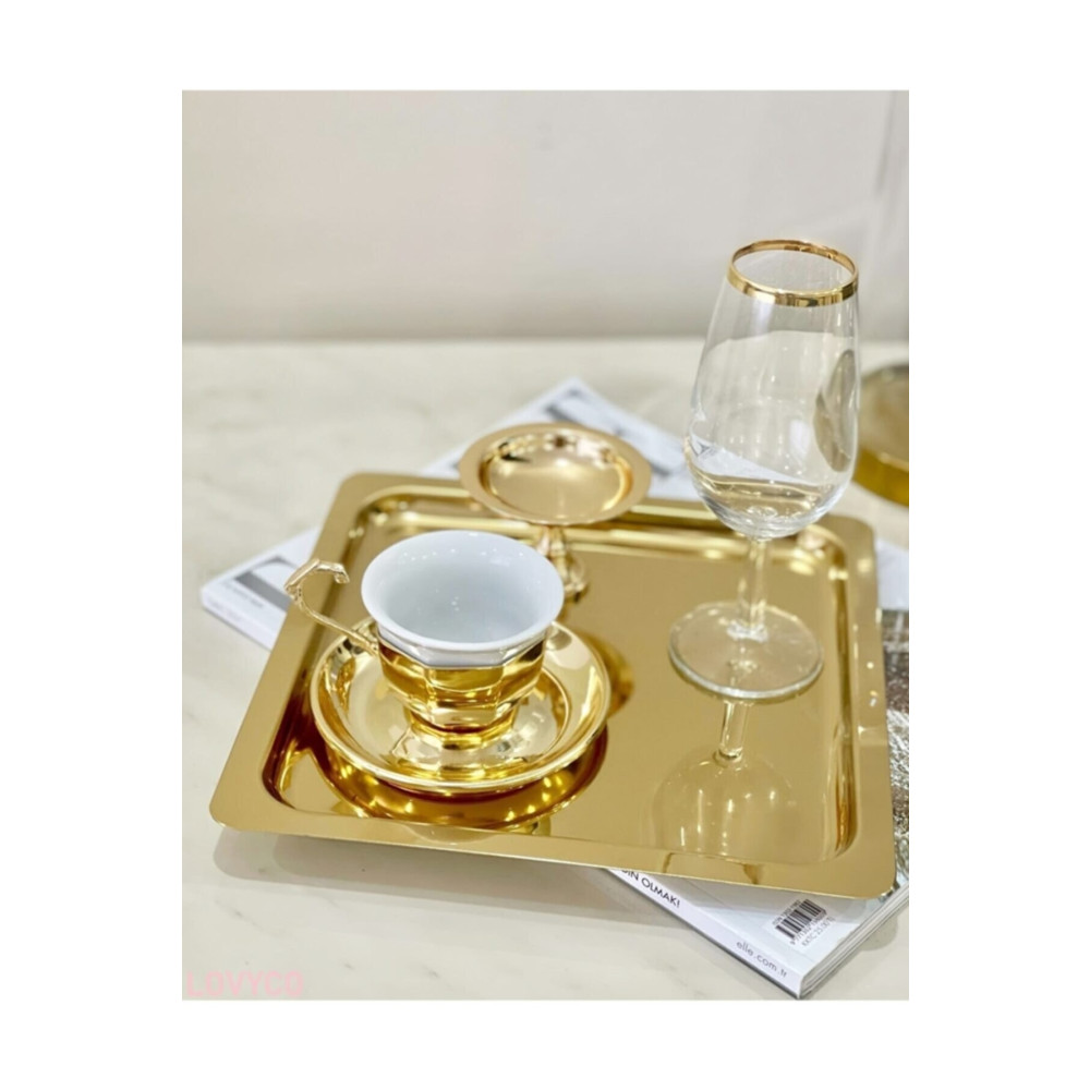 Abant 6 Adet Gold Altın Kare Paslanmaz Çelik Kahve Servis Sunum Tepsi & Tabağı (21X21CM) Tepsiler / Fırın Kapları Fiyatı