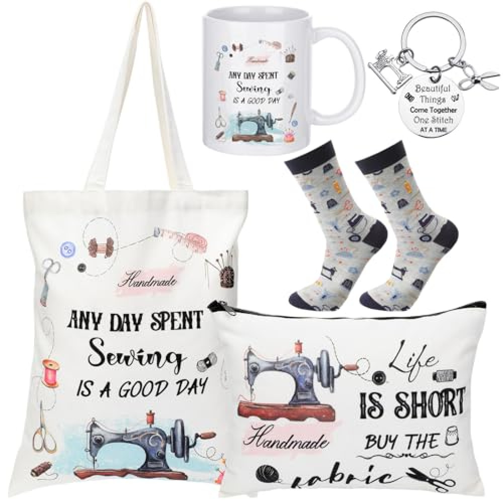 Abbylike 5 Pcs Sewing Gifts for Seamstress Women Canvas Bag Cosmetic Bag Quilting Coffee Mug Socks 11 oz Quilter Keychain Funny Gifts for Quilters Sewing Lovers