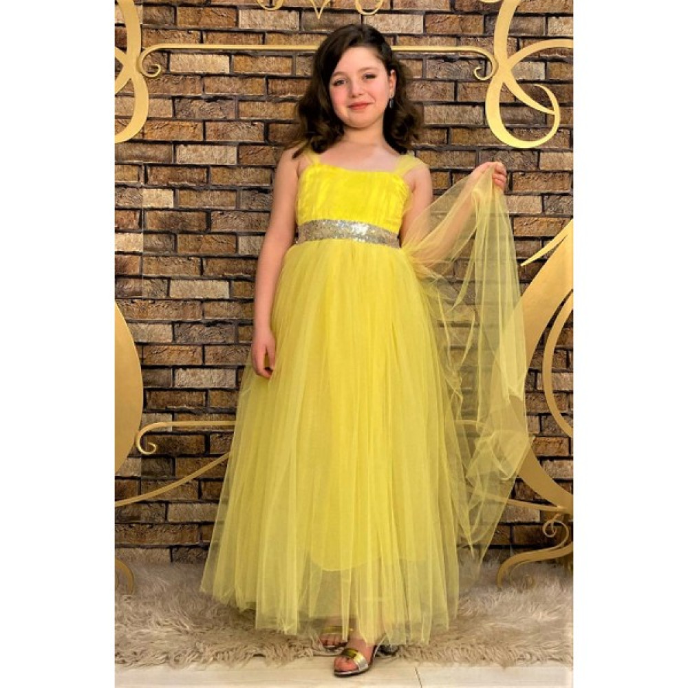 Abiye Kids Beli Pullu Sarı Renk Çocuk Abiye ABY4456 Elbise Fiyatı