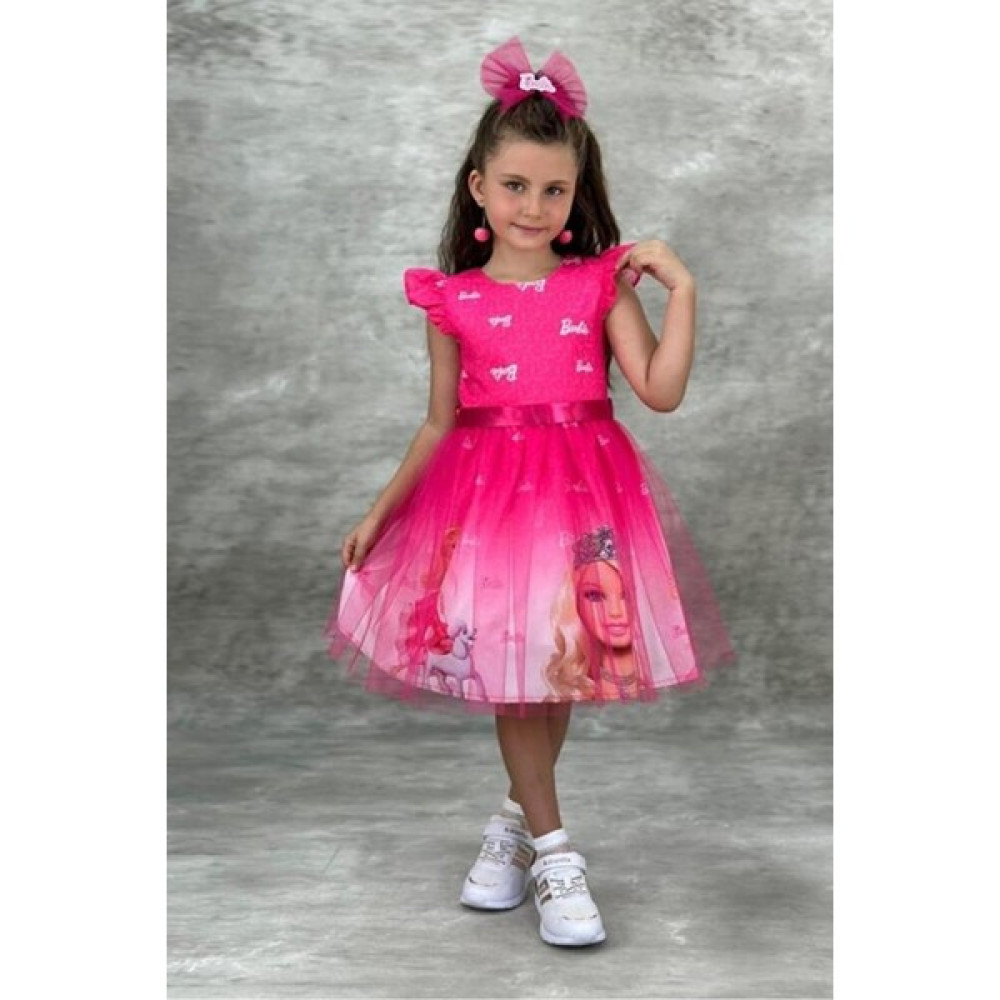 Abiye Kids Kız Çocuk Pembe Barbie Krep Elbise ABY117 Elbise Fiyatı