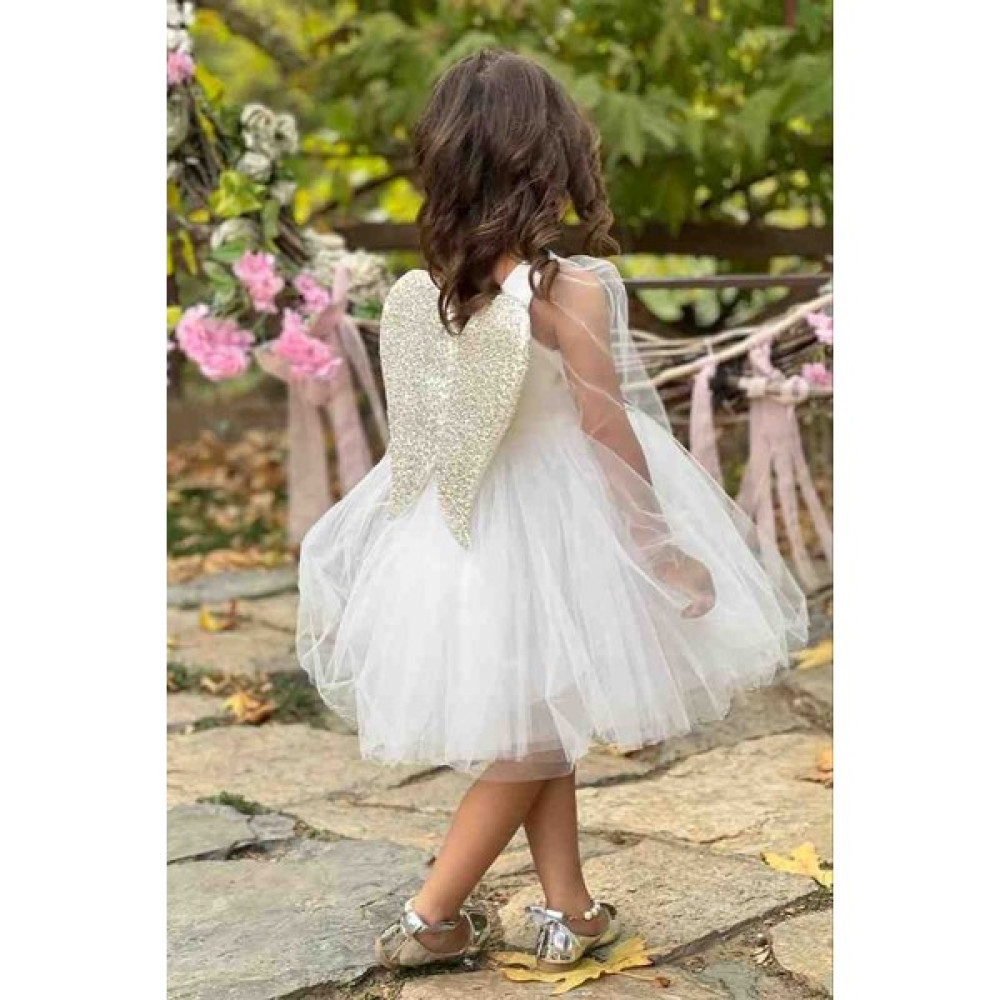 Abiye Kids Melek Kanatlı Beyaz Çocuk Abiye ABY895 Elbise Fiyatı