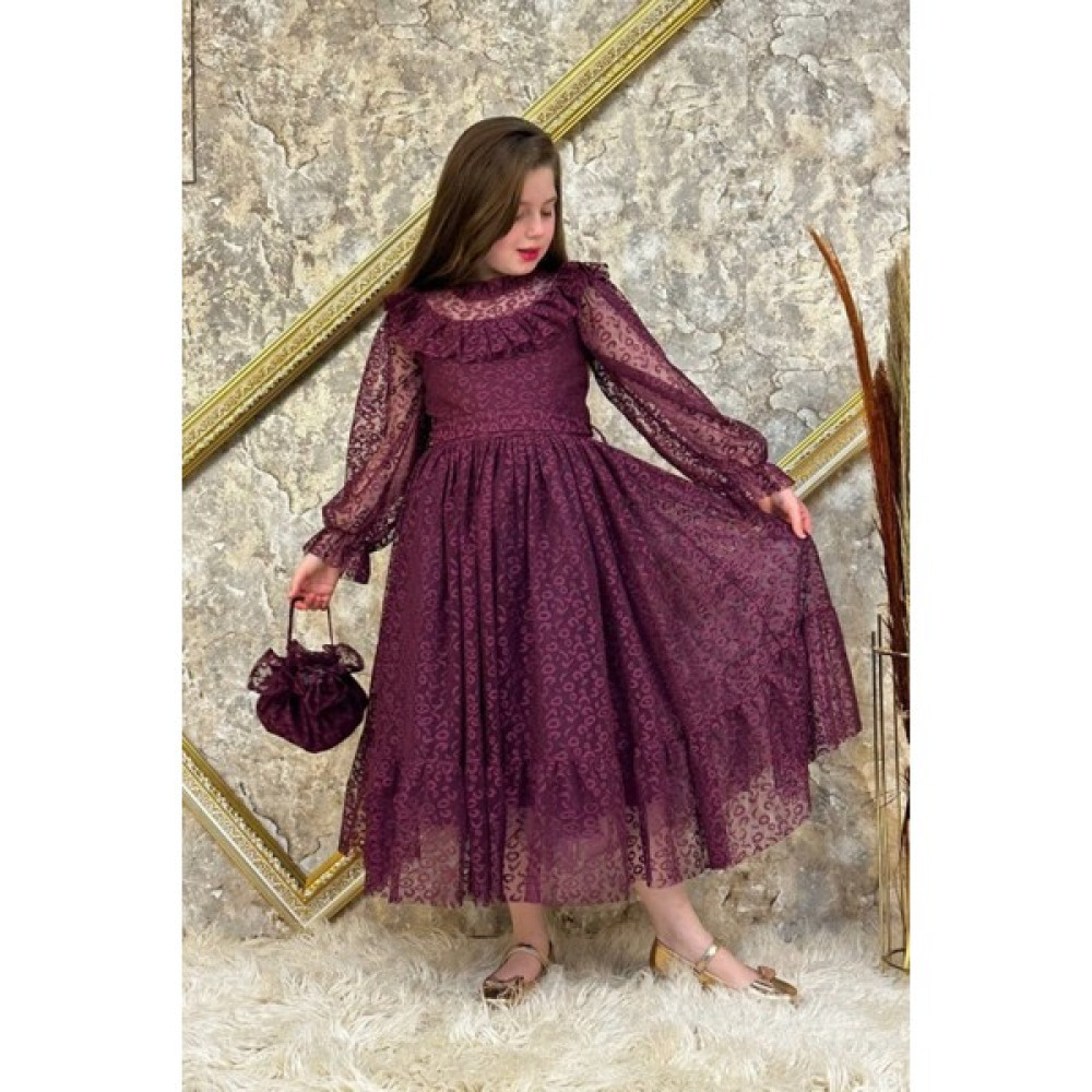 Abiye Kids Mürdüm Çantalı Dantelli Tarz Çocuk Abiye ABY4555 Elbise Fiyatı