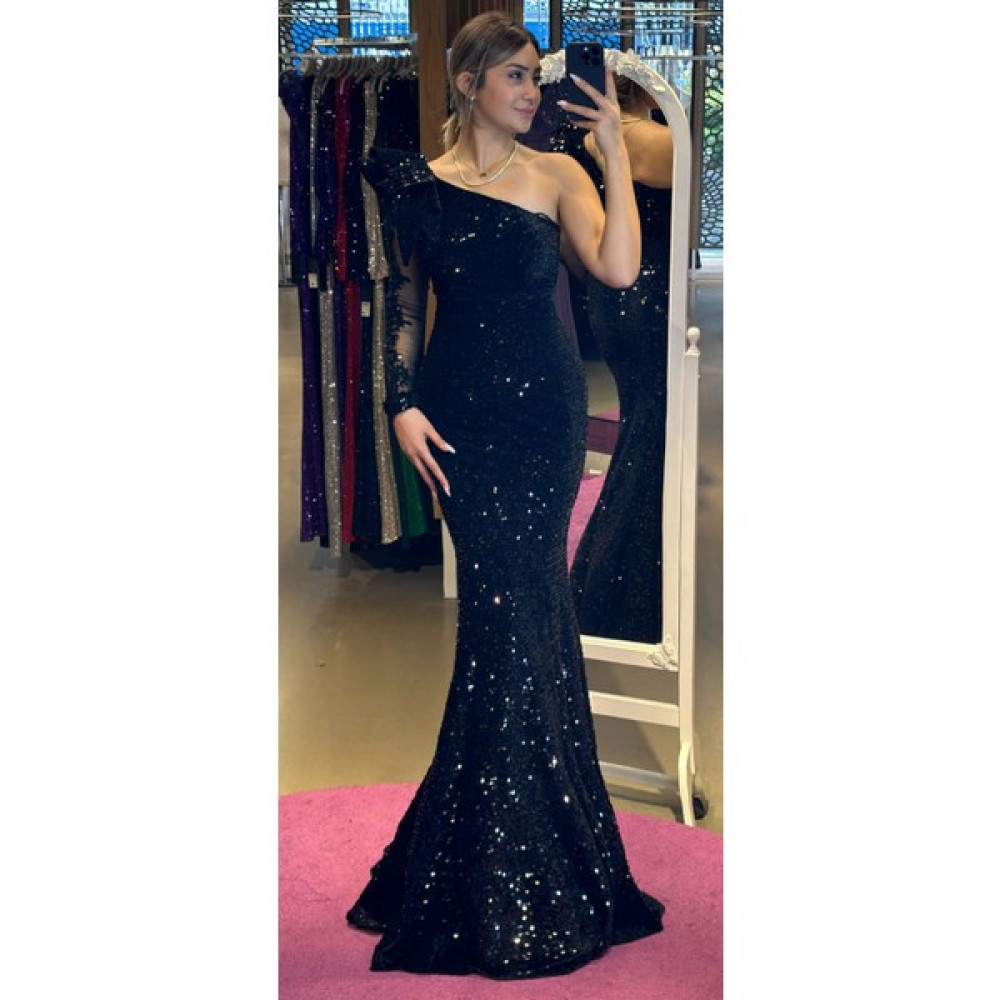 Abiyeniall Abiyenial Kadife Pul Payet Tek Kol Balık Abiye Elbise Siyah 7430 Elbise Fiyatı