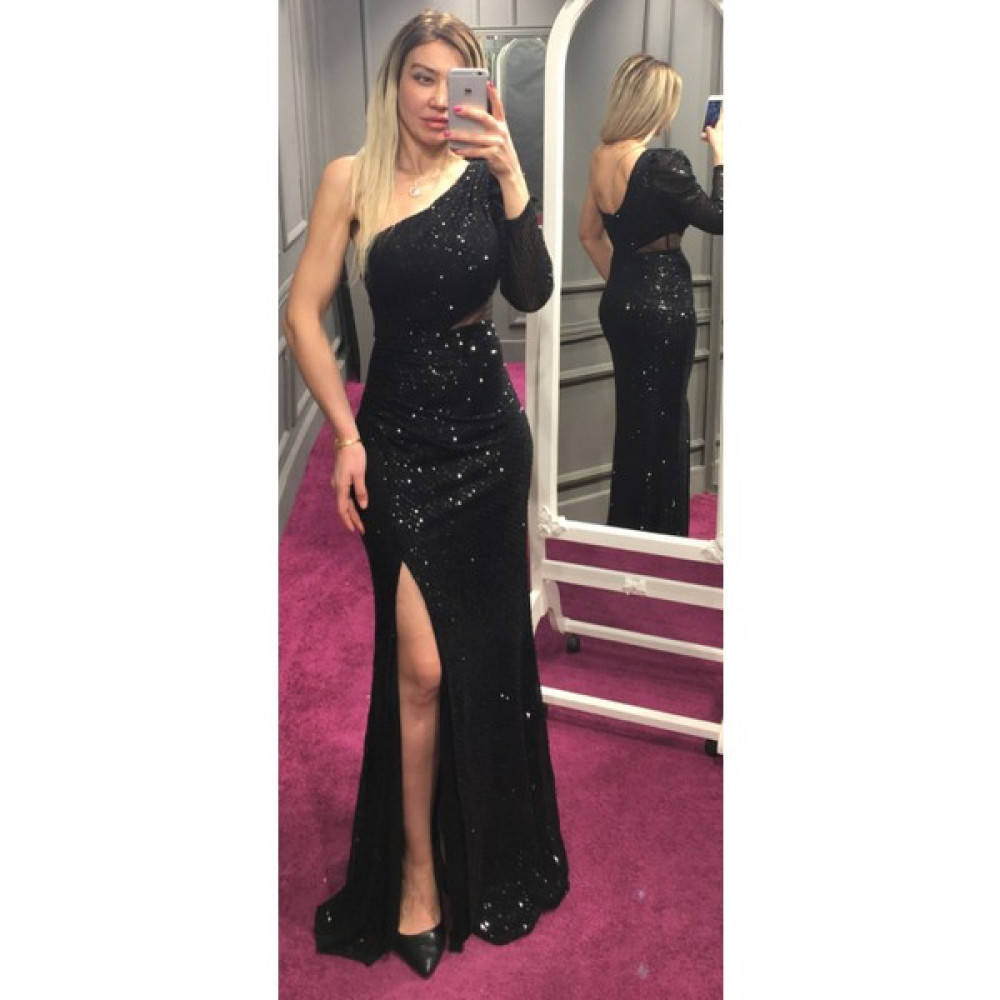 Abiyeniall Abiyenial Tek Omuz Uzun Kollu Payet Yırtmaçlı Uzun Abiye Elbise Siyah 7308 Elbise Fiyatı