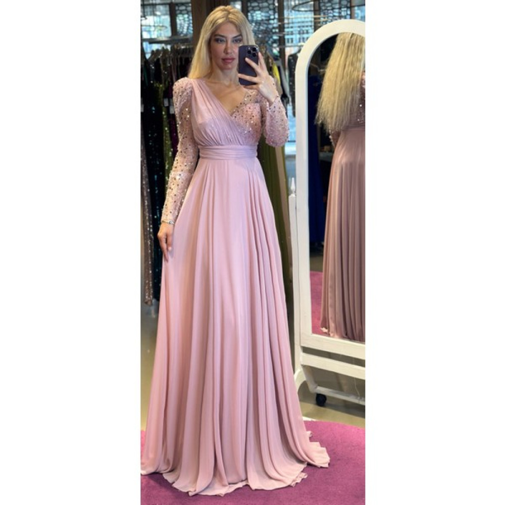Abiyeniall Abiyenial Uzun Kollu Şifon V Yaka Uzun Abiye Elbise Rose 7417 Elbise Fiyatı