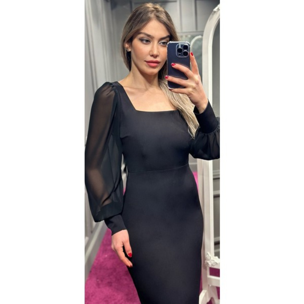 Abiyeniall Uzun Kol Krep Kare Yaka Midi Abiye Elbise Siyah 7322 Elbise Fiyatı