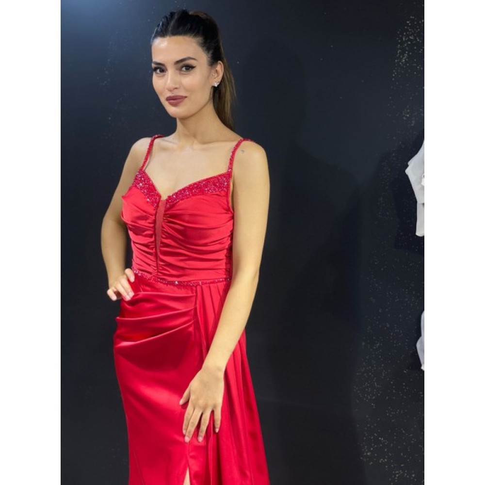 Abiye's Askılı Boncuk Işlemeli Saten Abiye Elbise Fiyatı