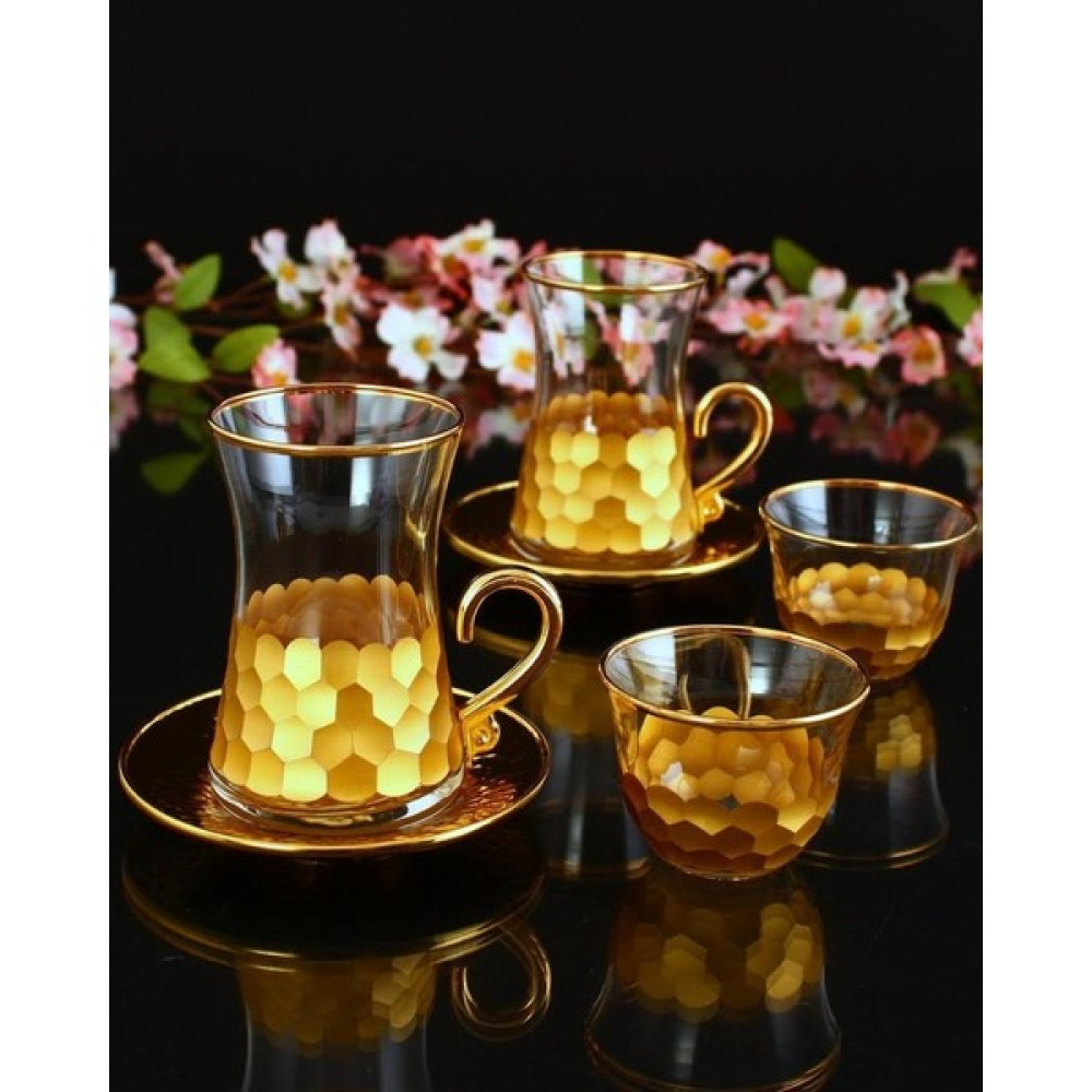 Abka Kristal Fantasia Collection Petek 18 Parça Kulplu Çay Bardağı ve Mırra Takımı- 6 Kişilik-Altın Fincan / Bardak / Kahve Takımı Fiyatı