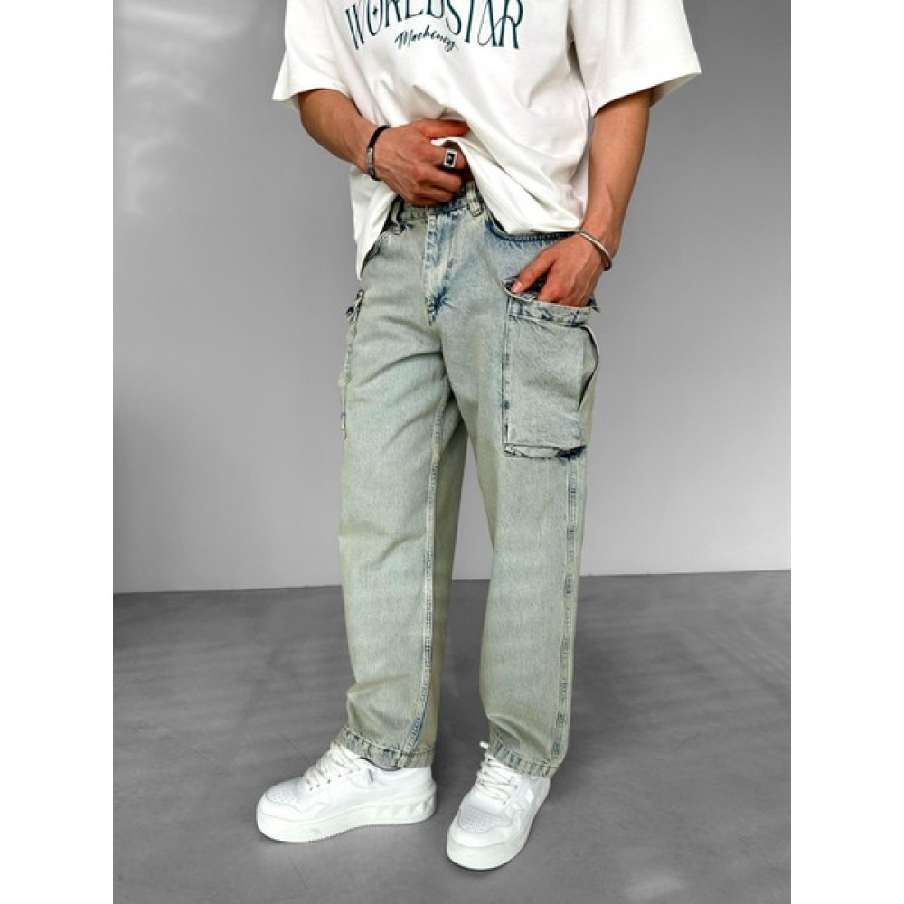 Abluka Online Baggy Fit Mavi Eskitme Kargo Jean Pantolon Duman Mavi Erkek Jeans / Kot Pantolon Fiyatı