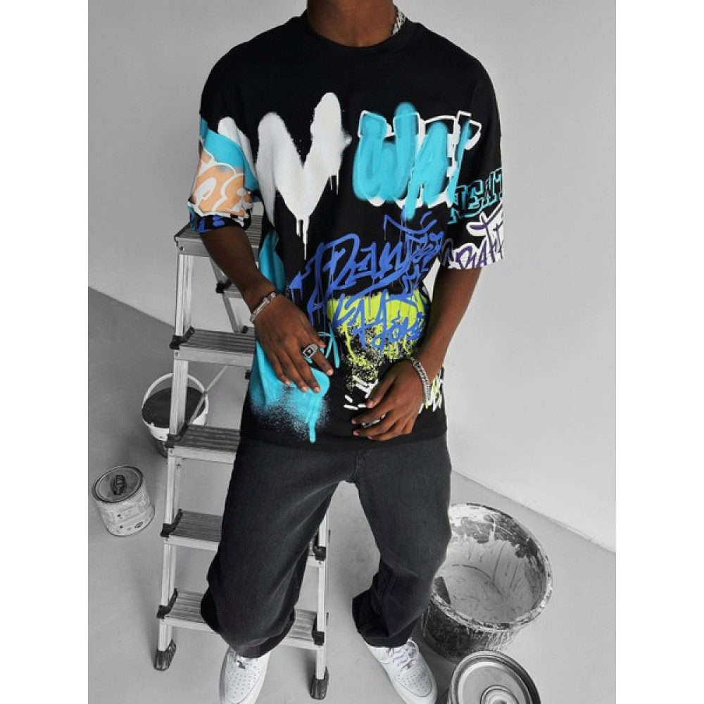 Abluka Online Grafiti Baskılı Oversize T-Shirt Siyah Erkek T-shirt Fiyatı
