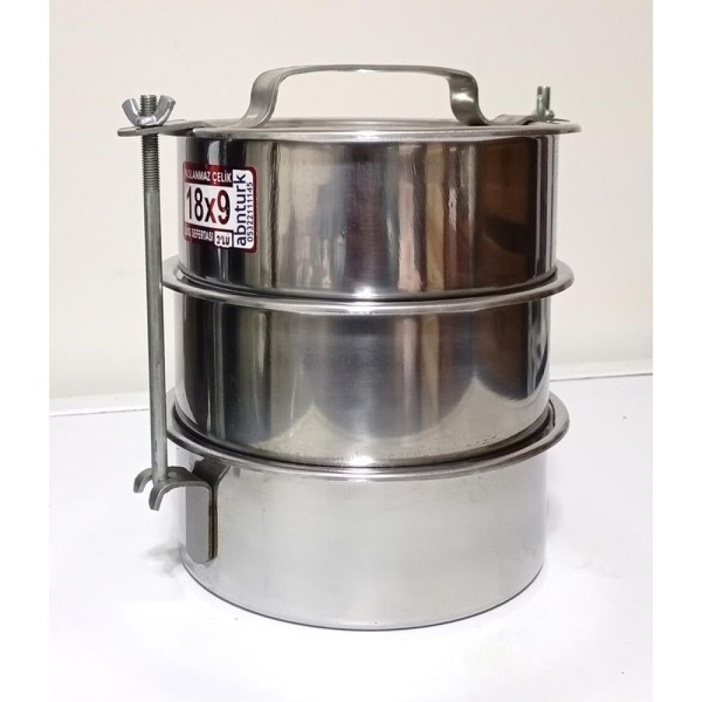 abnturk 3 Kaplı Çelik Sefer Tası 5-6 Kişilik Vidalı Sefertası 18X7CM Yemek Taşıma Kabı Tabldotcu Karavanası Kamp Mutfağı Fiyatı