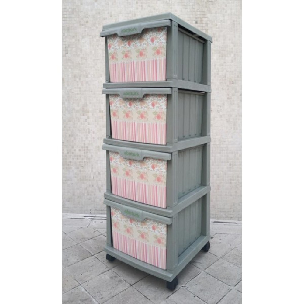 abnturk Büyük Boy Bordürlü Çiçek Desen 4 Çekmeceli Tekerlekli Komidin Yükseklik 93CM 43X38 Demonte Dolap Raf - Pembe Duvar Rafı Fiyatı