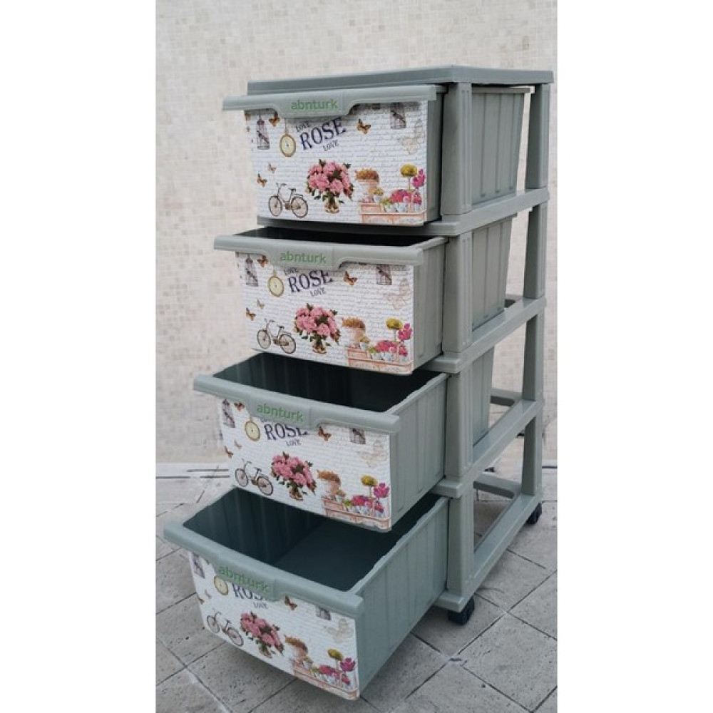 abnturk Büyük Boy Retro Rose Gül Desen 4 Çekmeceli Tekerlekli Komidin Yükseklik 93CM 43X38 Demonte Dolap Raf - Gri Duvar Rafı Fiyatı