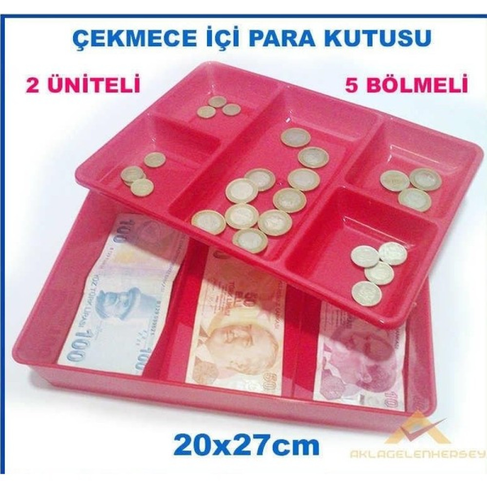 abnturk Kasa Içi Kullanışlı Para Kutusu 20X27CM Çift Üniteli 5 Bölme Çekmece Içi Bozuk ve Kağıt Para Kutusu Eşya Saklama Kutusu Fiyatı